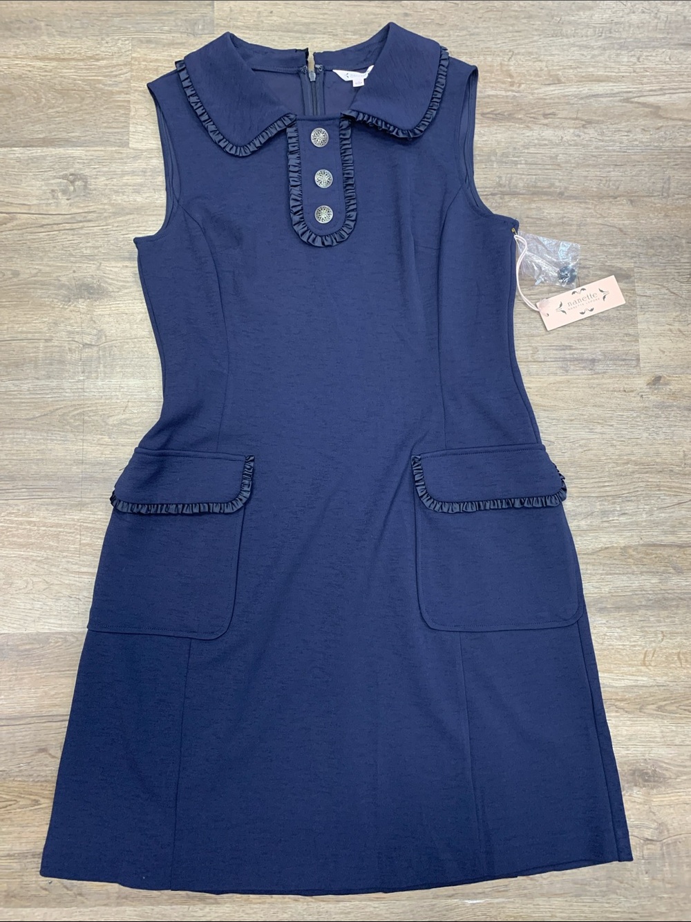Nannette Navy Sleeveless Ruffle-Trim Shift Dress